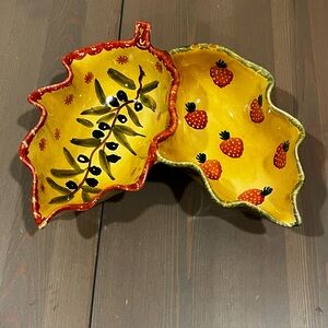 Vintage Italica ARS Divided Leaf Dish Hand painted Pottery Italy Olives Berries
